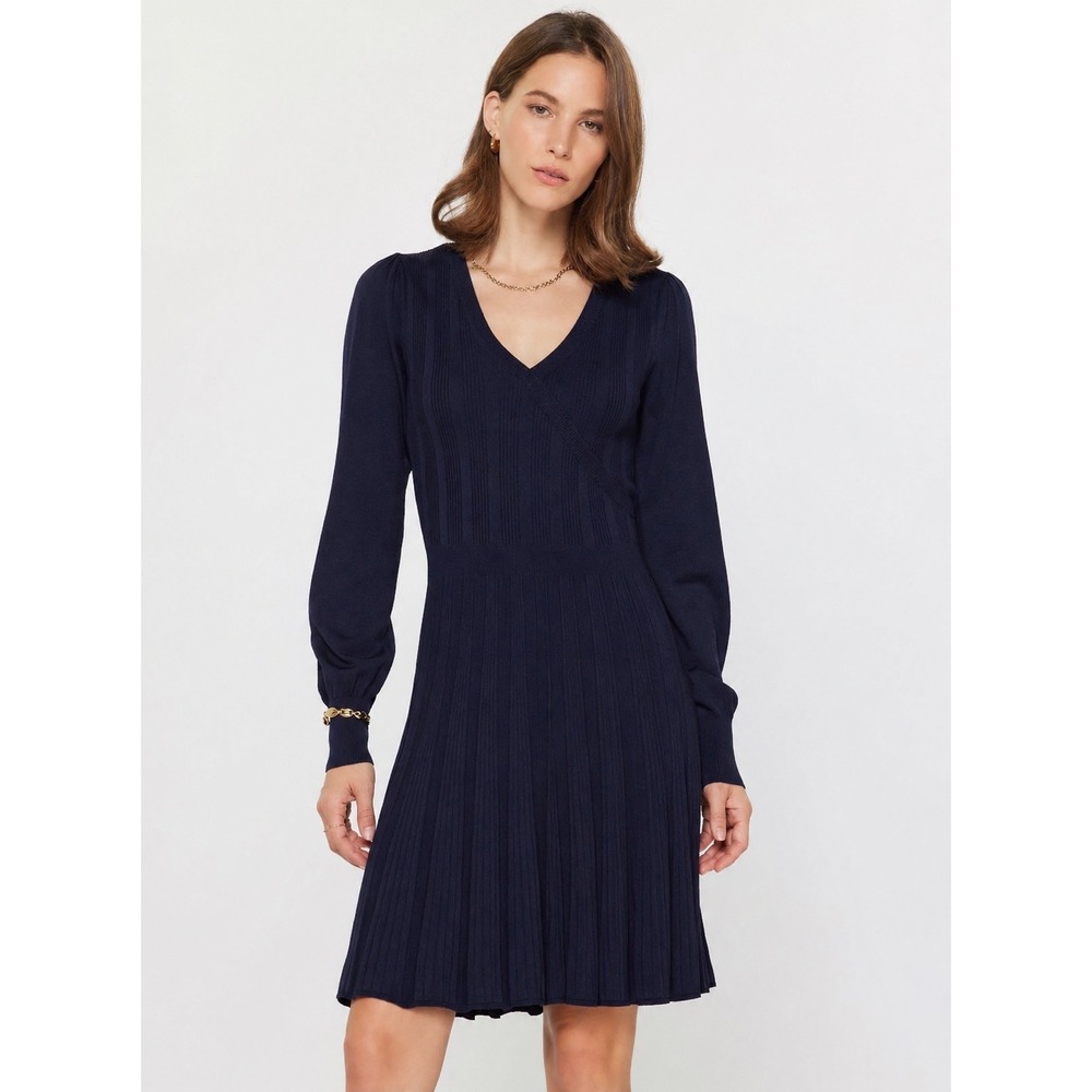 Current Air Los Angeles Navy Ribbed‎ Knit Fit & Flare Dress Large